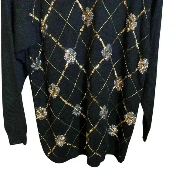 VGT 80s 90s ALFRED DUNNER Women's Preppy Sweater Black Gold Sequins Argyle L - Picture 3 of 10